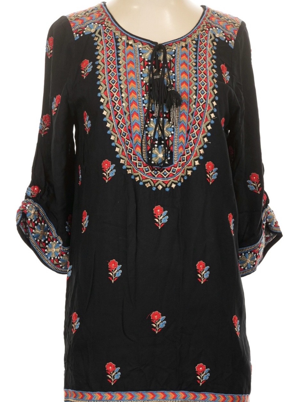 Tolani Black Tunic with Red & Blue Embroidery
